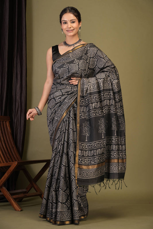 Anuttara Bhagalpuri Black Cotton Silk Abstract, Floral Saree with Unstitched Blouse_AFS1370-FS