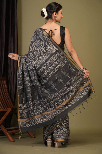 Anuttara Bhagalpuri Black Cotton Silk Abstract, Floral Saree with Unstitched Blouse_AFS1370-FS