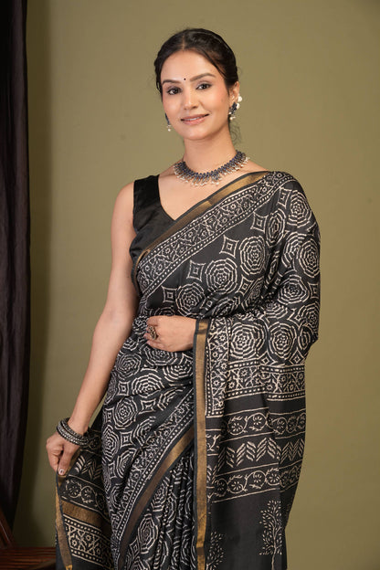 Anuttara Bhagalpuri Black Cotton Silk Abstract, Floral Saree with Unstitched Blouse_AFS1370-FS