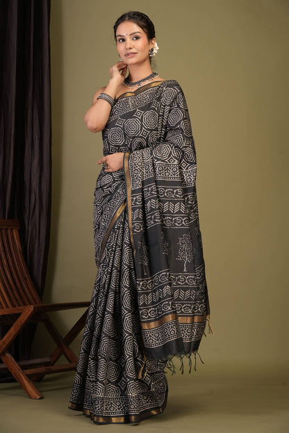Anuttara Bhagalpuri Black Cotton Silk Abstract, Floral Saree with Unstitched Blouse_AFS1370-FS