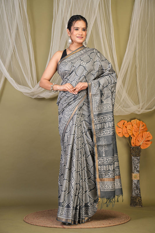 Anuttara Bhagalpuri Grey Cotton Silk Abstract, Floral Saree with Unstitched Blouse_AFS1371-FS