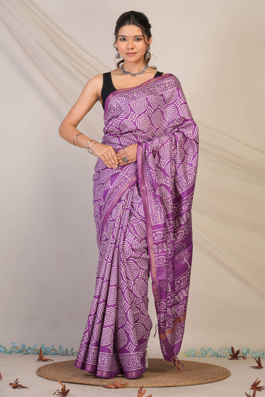 Anuttara Bhagalpuri Violet Cotton Silk Abstract, Floral Saree with Unstitched Blouse_AFS1372-FS