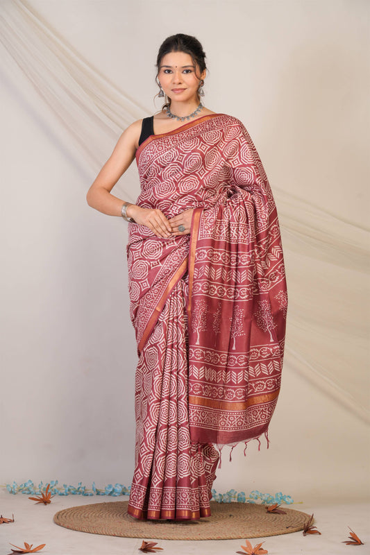 Anuttara Bhagalpuri Maroon Cotton Silk Abstract, Floral Saree with Unstitched Blouse_AFS1373-FS