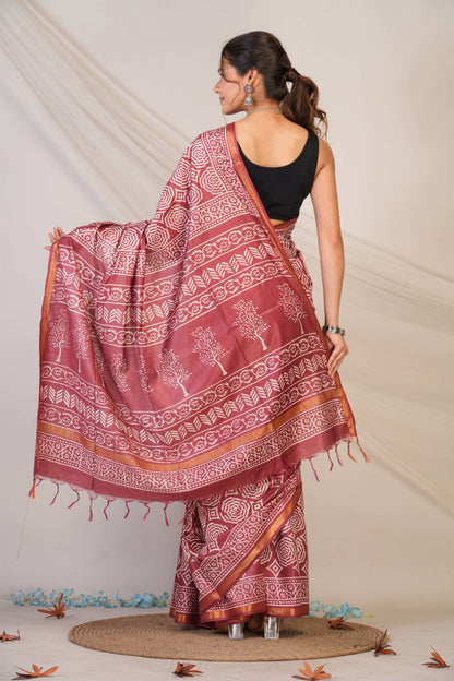 Anuttara Bhagalpuri Maroon Cotton Silk Abstract, Floral Saree with Unstitched Blouse_AFS1373-FS