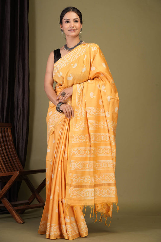 Anuttara Bhagalpuri Yellow Cotton Silk Animal (Duck Print) Saree with Unstitched Blouse_AFS1375-FS