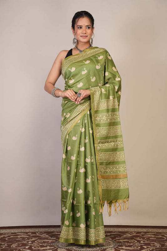 Anuttara Bhagalpuri Light Green Cotton Silk Animal (Duck Print) Saree with Unstitched Blouse_AFS1377-FS