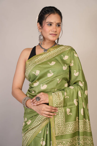 Anuttara Bhagalpuri Light Green Cotton Silk Animal (Duck Print) Saree with Unstitched Blouse_AFS1377-FS