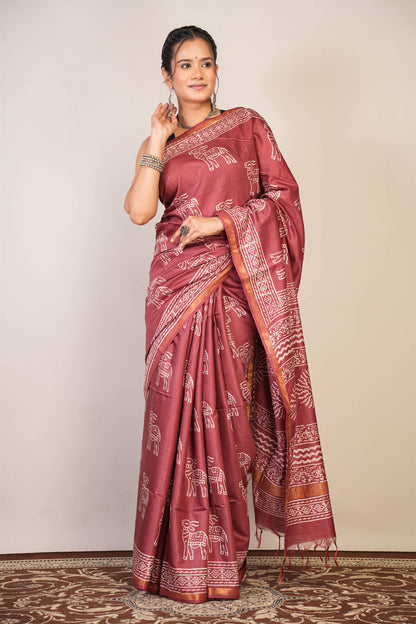 Anuttara Bhagalpuri Maroon Cotton Silk Animal Print Saree with Unstitched Blouse_AFS1378-FS