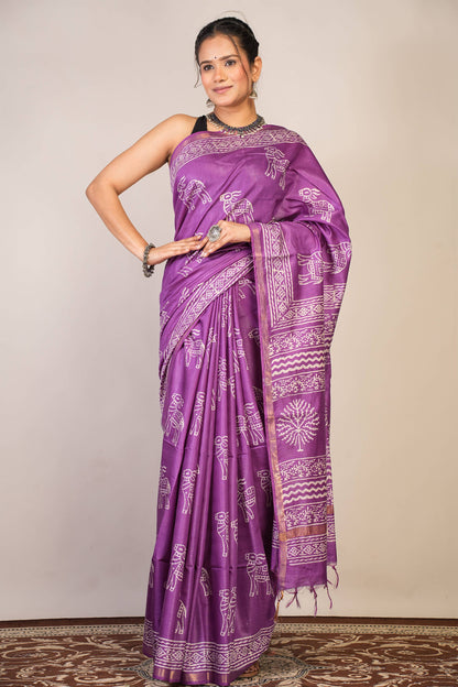 Anuttara Bhagalpuri Violet Cotton Silk Animal Print Saree with Unstitched Blouse_AFS1379-FS