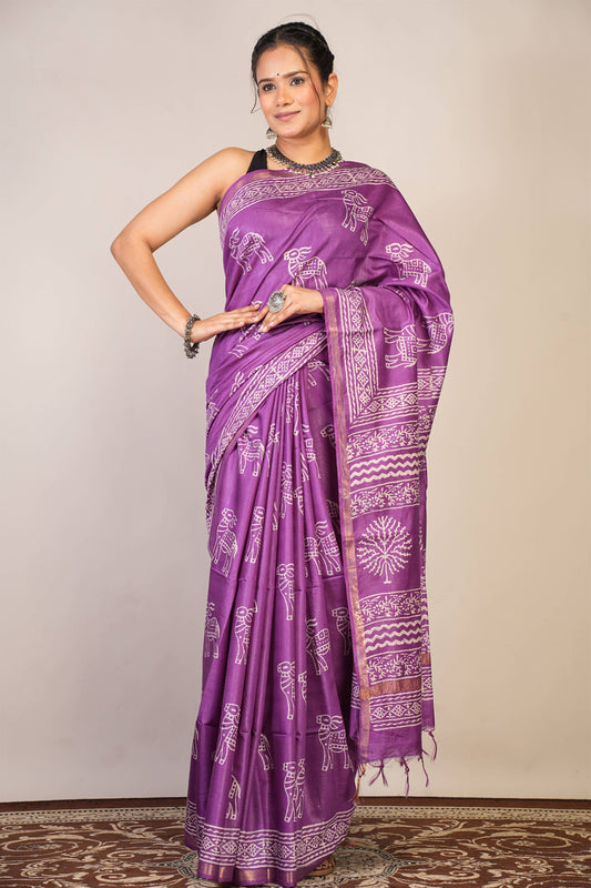 Anuttara Bhagalpuri Violet Cotton Silk Animal Print Saree with Unstitched Blouse_AFS1379-FS