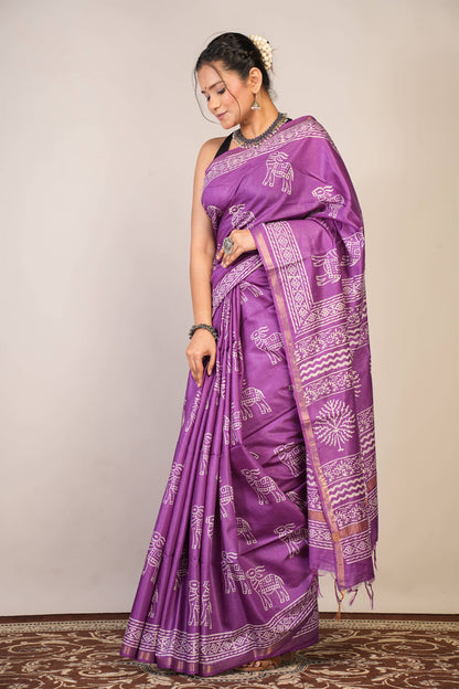 Anuttara Bhagalpuri Violet Cotton Silk Animal Print Saree with Unstitched Blouse_AFS1379-FS