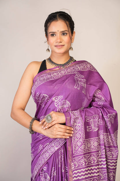 Anuttara Bhagalpuri Violet Cotton Silk Animal Print Saree with Unstitched Blouse_AFS1379-FS