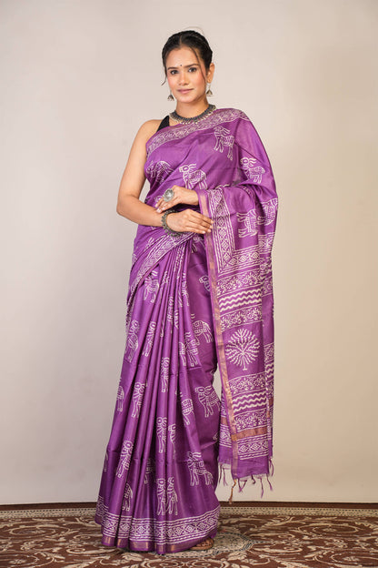Anuttara Bhagalpuri Violet Cotton Silk Animal Print Saree with Unstitched Blouse_AFS1379-FS