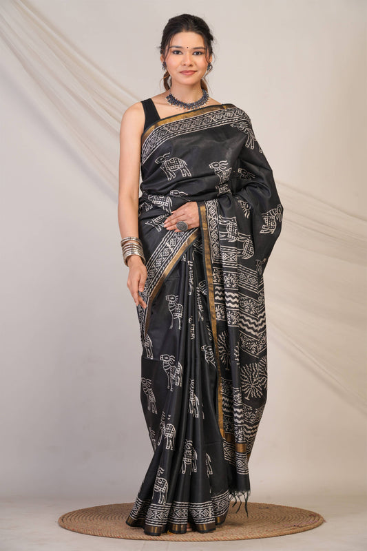 Anuttara Bhagalpuri Black Cotton Silk Animal Print Saree with Unstitched Blouse_AFS1380-FS