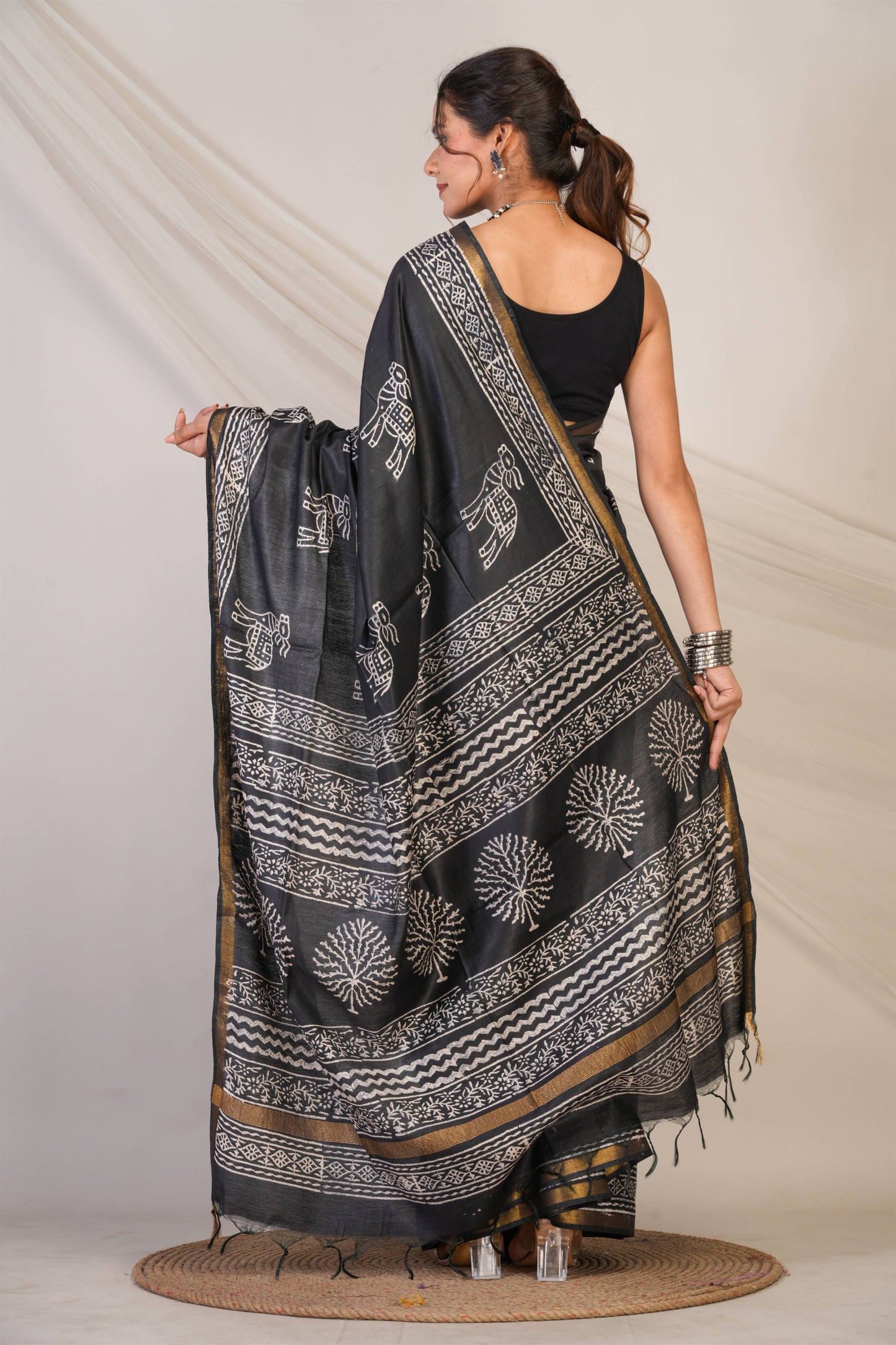 Anuttara Bhagalpuri Black Cotton Silk Animal Print Saree with Unstitched Blouse_AFS1380-FS