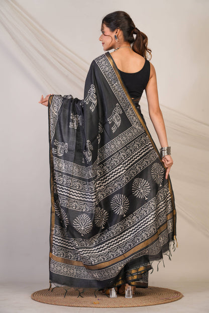 Anuttara Bhagalpuri Black Cotton Silk Animal Print Saree with Unstitched Blouse_AFS1380-FS