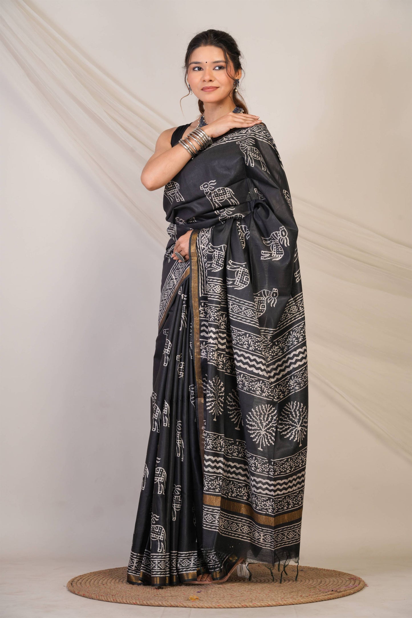 Anuttara Bhagalpuri Black Cotton Silk Animal Print Saree with Unstitched Blouse_AFS1380-FS