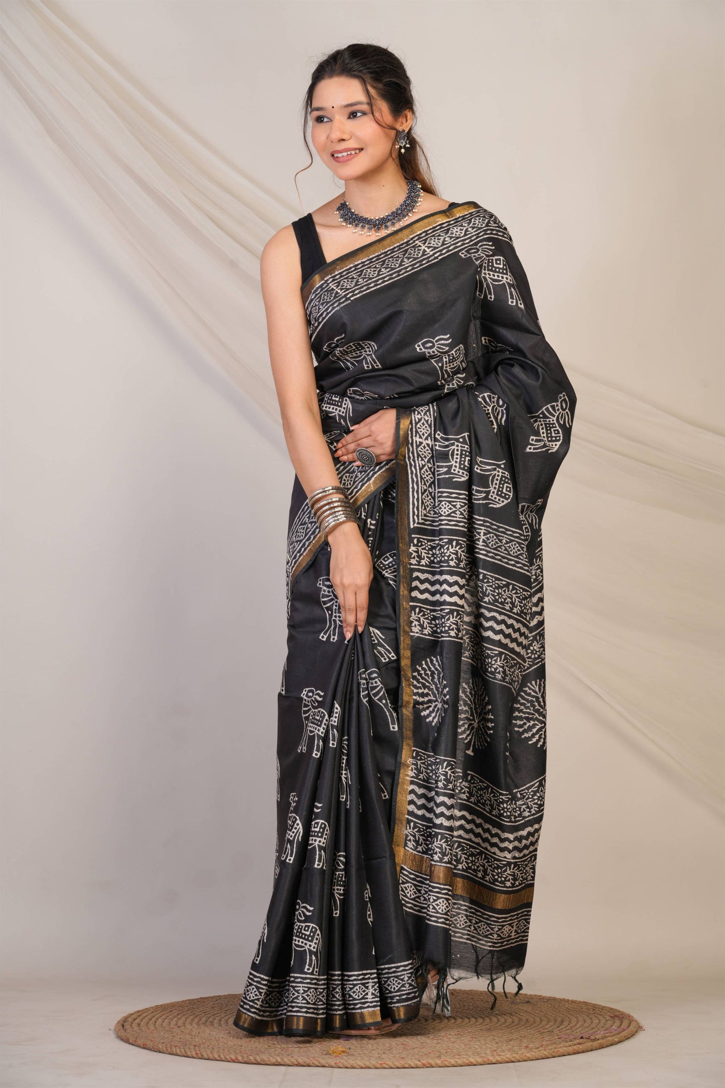 Anuttara Bhagalpuri Black Cotton Silk Animal Print Saree with Unstitched Blouse_AFS1380-FS