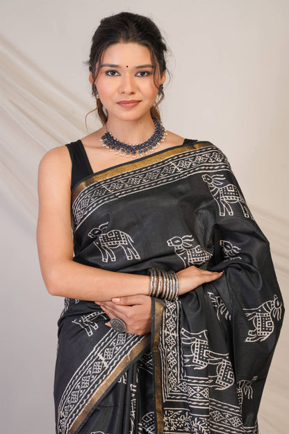 Anuttara Bhagalpuri Black Cotton Silk Animal Print Saree with Unstitched Blouse_AFS1380-FS
