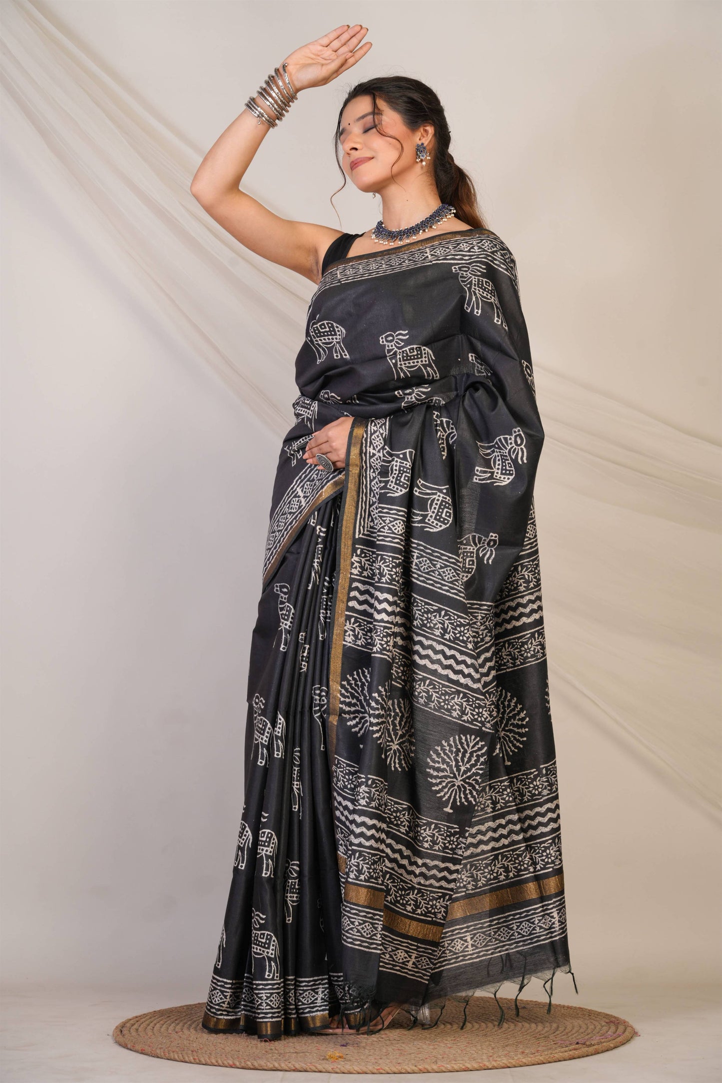 Anuttara Bhagalpuri Black Cotton Silk Animal Print Saree with Unstitched Blouse_AFS1380-FS