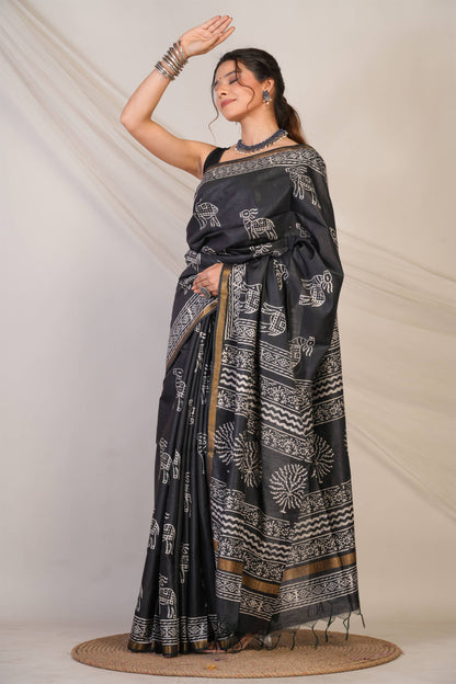 Anuttara Bhagalpuri Black Cotton Silk Animal Print Saree with Unstitched Blouse_AFS1380-FS