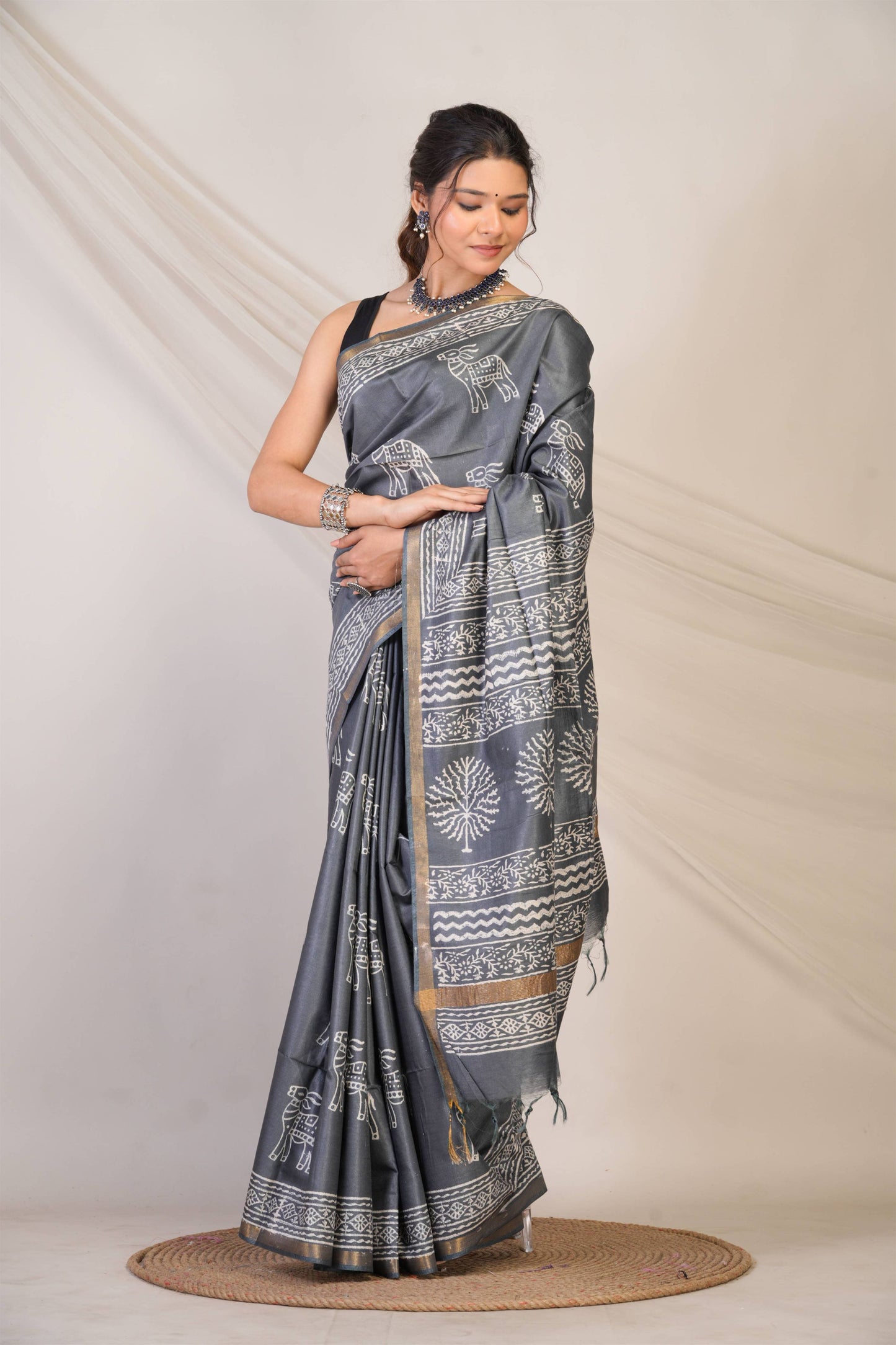 Anuttara Bhagalpuri Grey Cotton Silk Animal Print Saree with Unstitched Blouse_AFS1381-FS