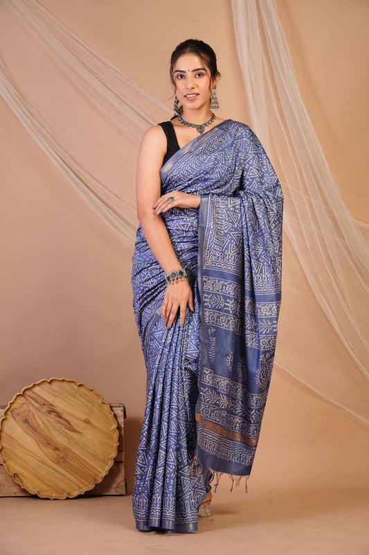 Anuttara Bhagalpuri Blue Cotton Silk Geometric Saree with Unstitched Blouse_AFS1382-FS
