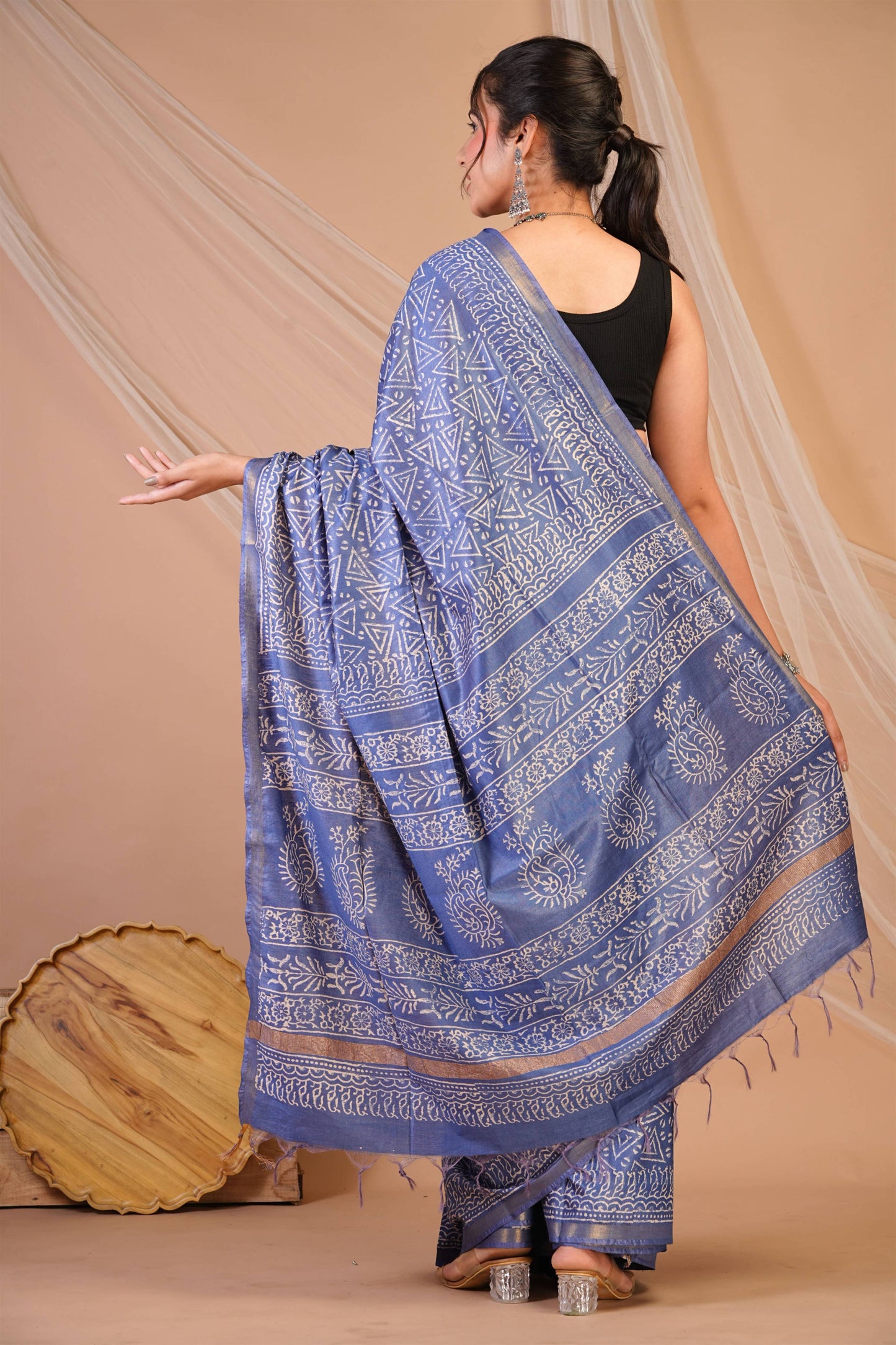 Anuttara Bhagalpuri Blue Cotton Silk Geometric Saree with Unstitched Blouse_AFS1382-FS
