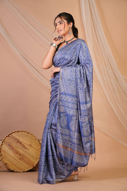 Anuttara Bhagalpuri Blue Cotton Silk Geometric Saree with Unstitched Blouse_AFS1382-FS