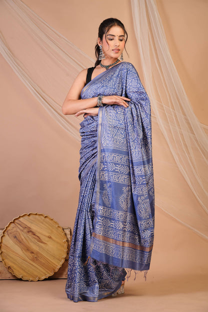 Anuttara Bhagalpuri Blue Cotton Silk Geometric Saree with Unstitched Blouse_AFS1382-FS