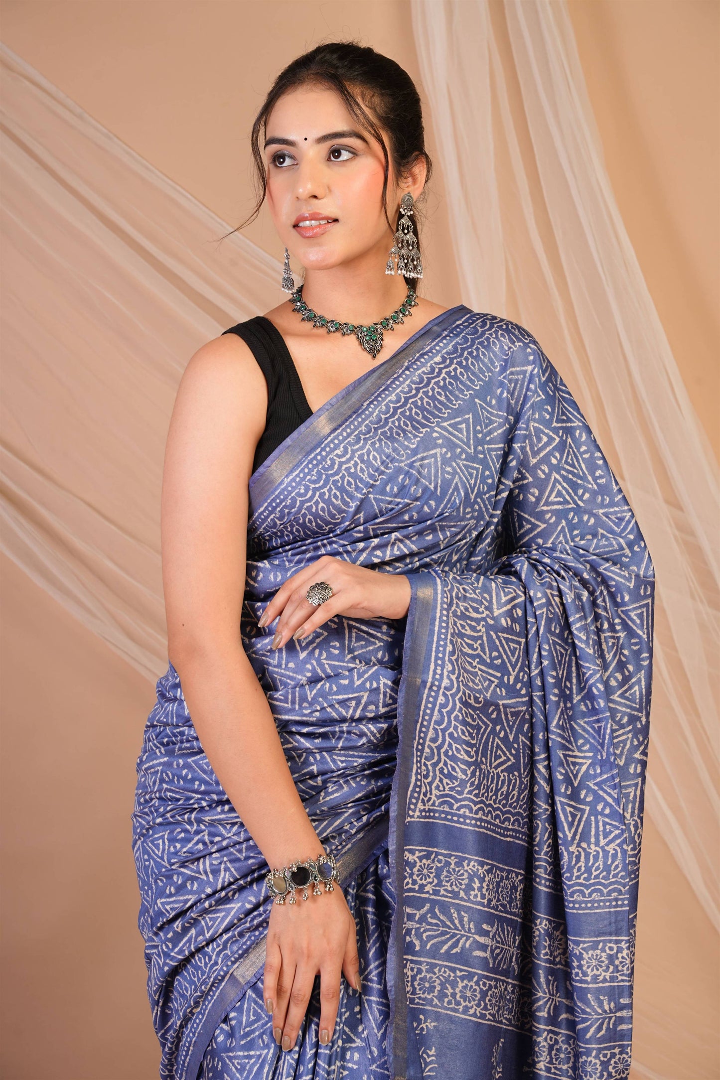 Anuttara Bhagalpuri Blue Cotton Silk Geometric Saree with Unstitched Blouse_AFS1382-FS
