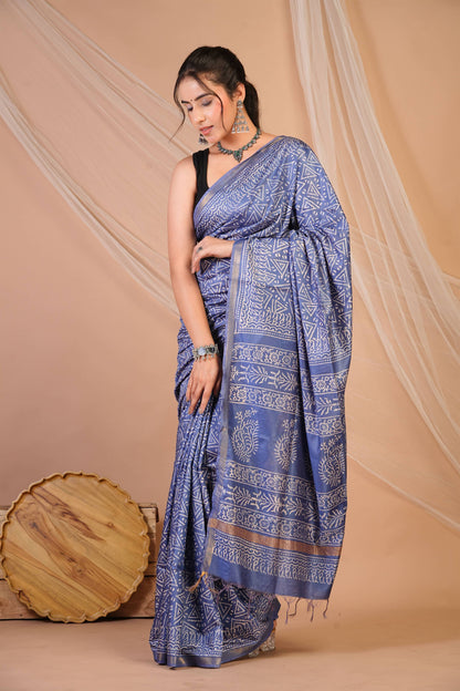 Anuttara Bhagalpuri Blue Cotton Silk Geometric Saree with Unstitched Blouse_AFS1382-FS