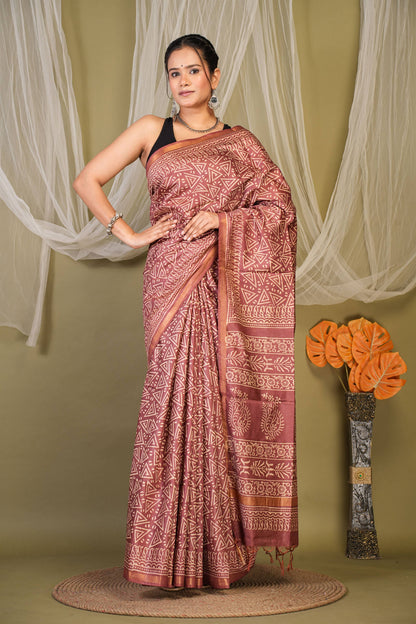 Anuttara Bhagalpuri Brown Cotton Silk Geometric Saree with Unstitched Blouse_AFS1383-FS