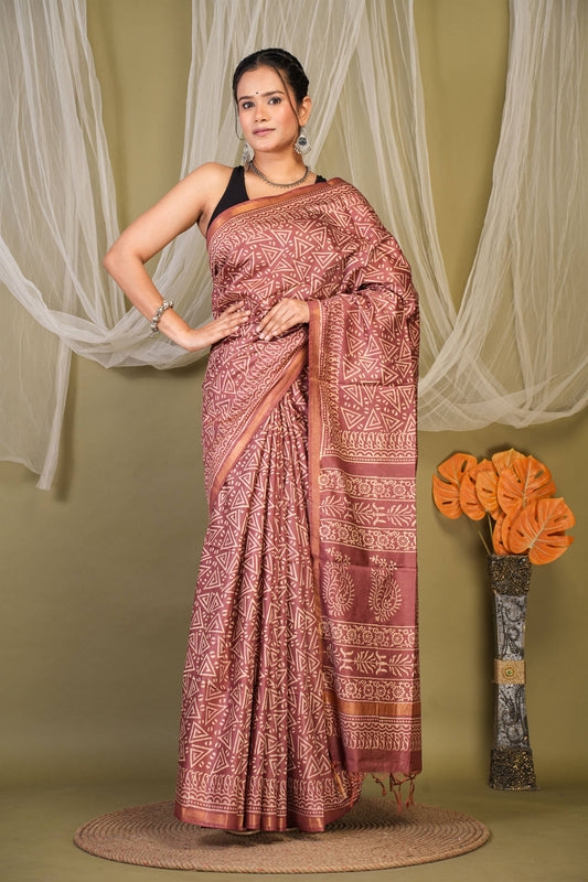Anuttara Bhagalpuri Brown Cotton Silk Geometric Saree with Unstitched Blouse_AFS1383-FS
