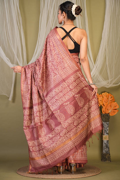 Anuttara Bhagalpuri Brown Cotton Silk Geometric Saree with Unstitched Blouse_AFS1383-FS