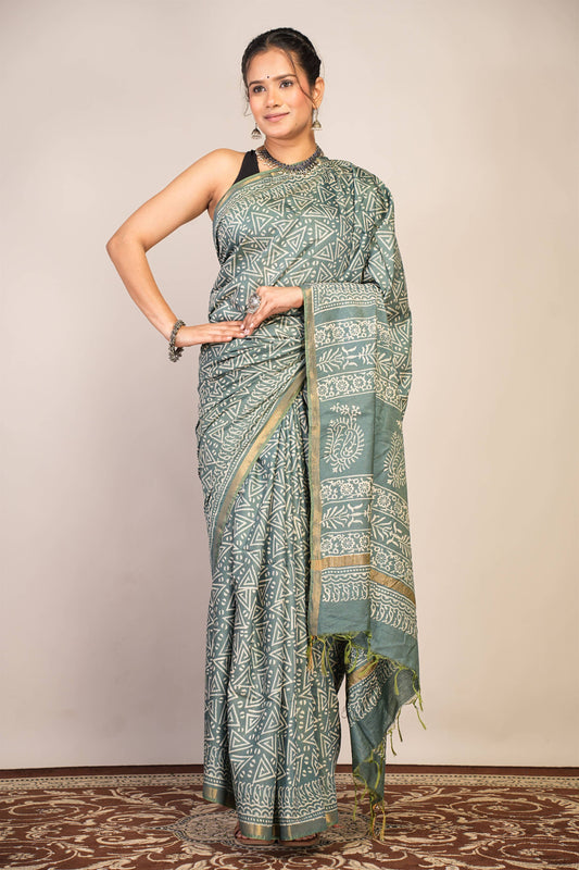 Anuttara Bhagalpuri Teal Green Cotton Silk Geometric Saree with Unstitched Blouse_AFS1384-FS