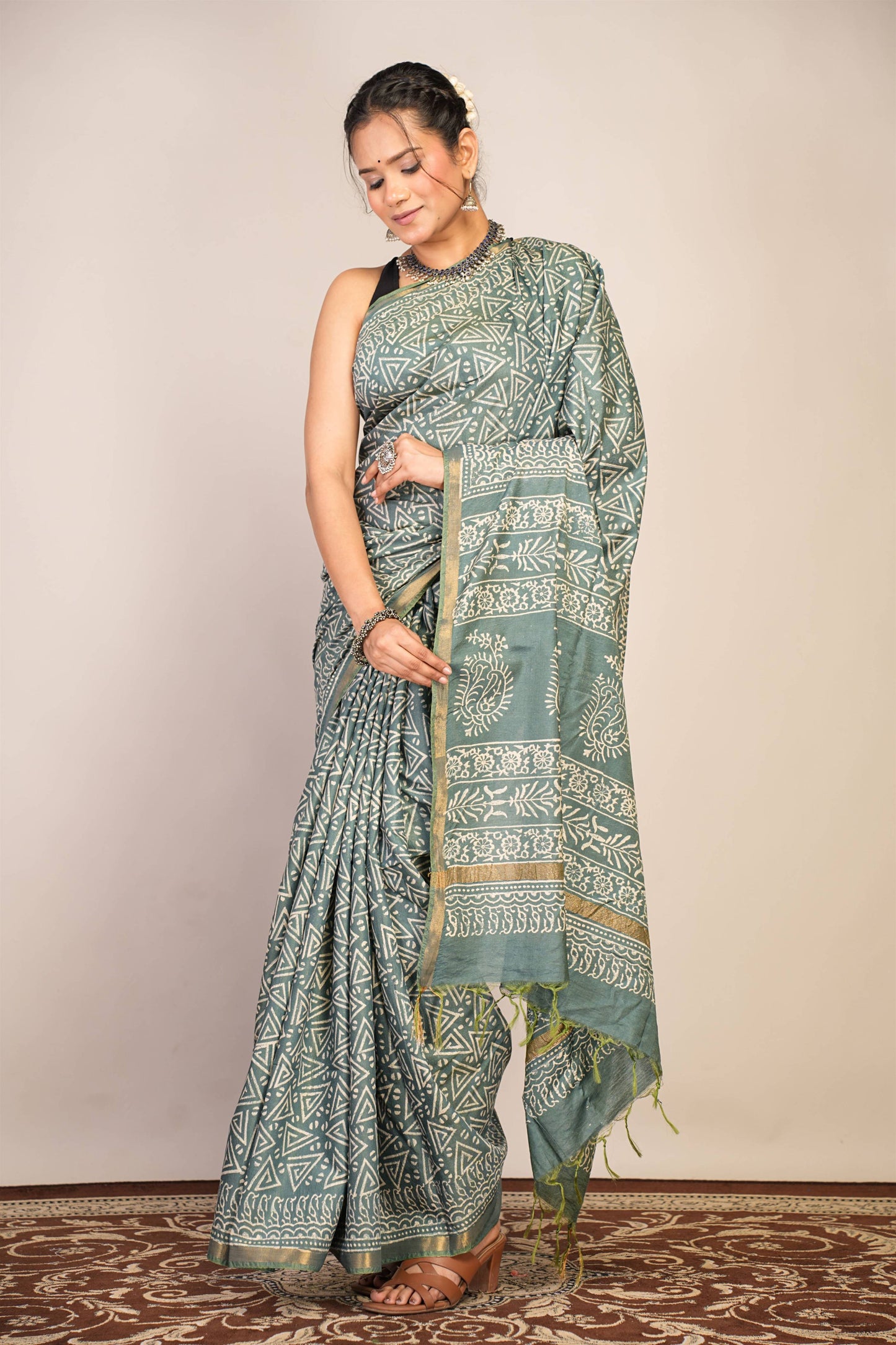 Anuttara Bhagalpuri Teal Green Cotton Silk Geometric Saree with Unstitched Blouse_AFS1384-FS
