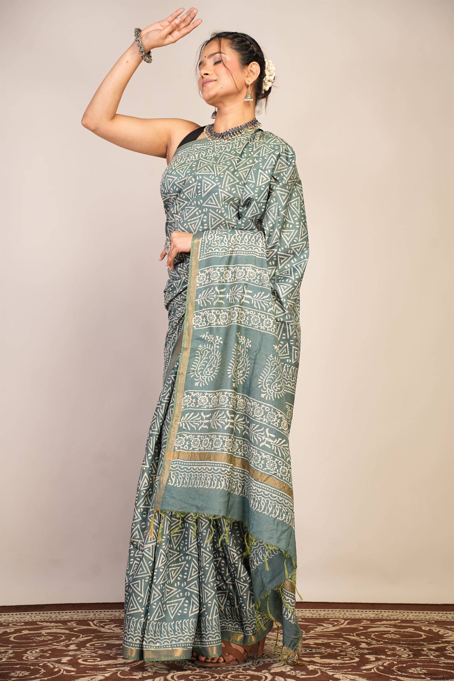 Anuttara Bhagalpuri Teal Green Cotton Silk Geometric Saree with Unstitched Blouse_AFS1384-FS