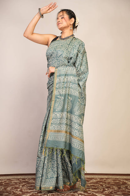 Anuttara Bhagalpuri Teal Green Cotton Silk Geometric Saree with Unstitched Blouse_AFS1384-FS