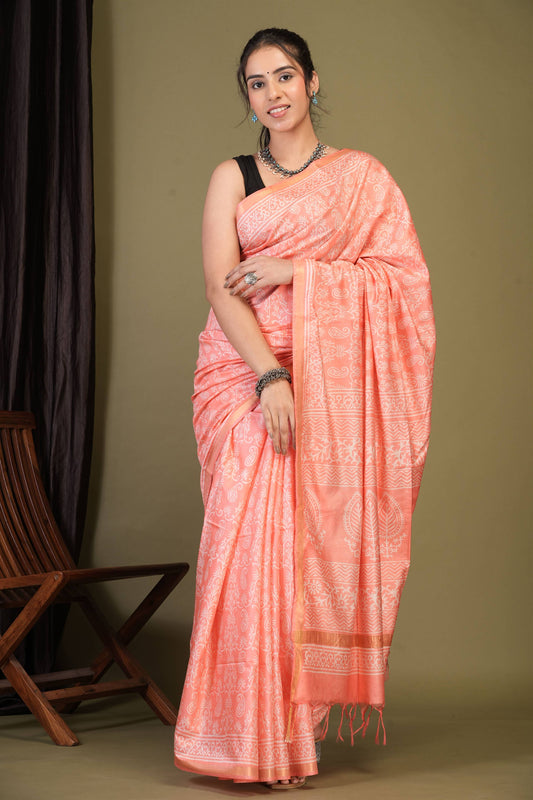 Anuttara Bhagalpuri Peach Cotton Silk Paisley, Floral Saree with Unstitched Blouse_AFS1386-FS
