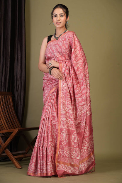 Anuttara Bhagalpuri Rouge Pink Cotton Silk Paisley, Floral Saree with Unstitched Blouse_AFS1387-FS
