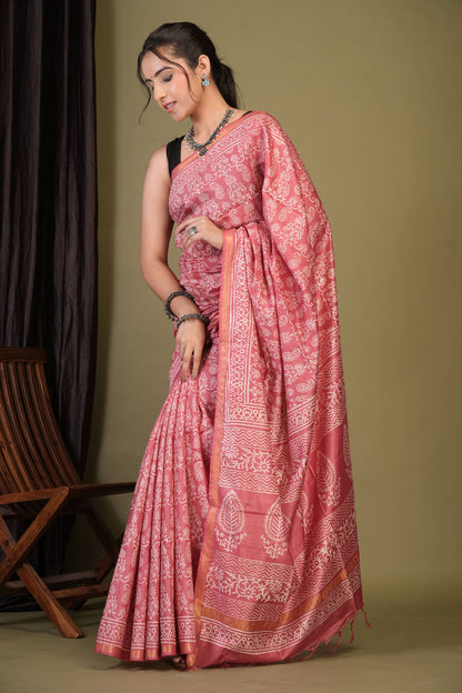 Anuttara Bhagalpuri Rouge Pink Cotton Silk Paisley, Floral Saree with Unstitched Blouse_AFS1387-FS