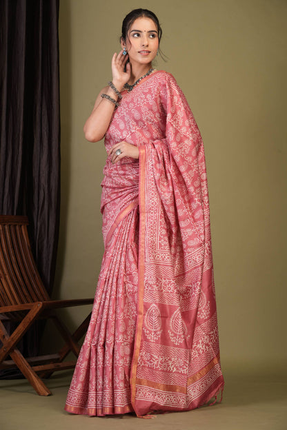 Anuttara Bhagalpuri Rouge Pink Cotton Silk Paisley, Floral Saree with Unstitched Blouse_AFS1387-FS