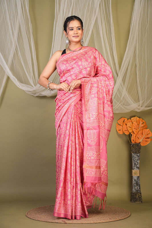 Anuttara Bhagalpuri Light Pink Cotton Silk Paisley, Floral Saree with Unstitched Blouse_AFS1388-FS