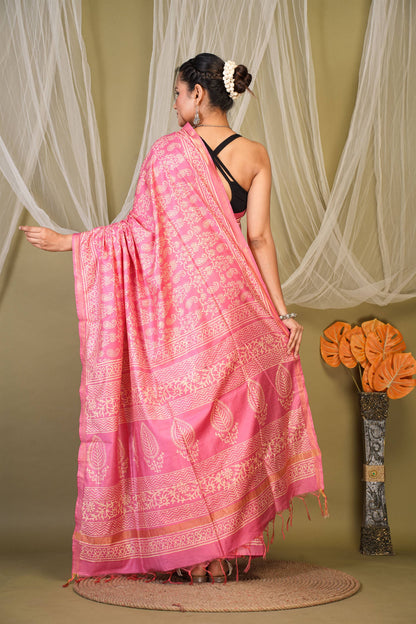 Anuttara Bhagalpuri Light Pink Cotton Silk Paisley, Floral Saree with Unstitched Blouse_AFS1388-FS