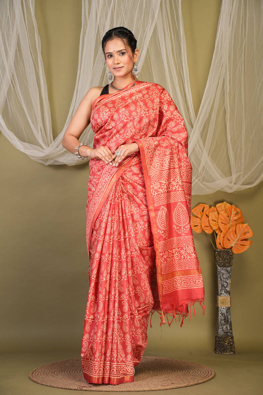Anuttara Bhagalpuri Red Cotton Silk Paisley, Floral Saree with Unstitched Blouse_AFS1389-FS