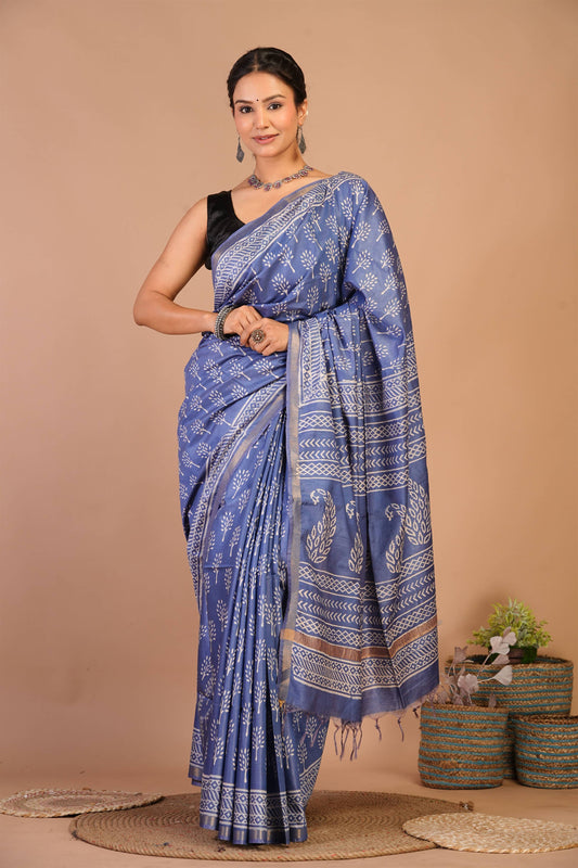 Anuttara Bhagalpuri Blue Cotton Silk Floral, Paisley Saree with Unstitched Blouse_AFS1390-FS