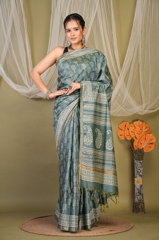Anuttara Bhagalpuri Teal Green Cotton Silk Floral, Paisley Saree with Unstitched Blouse_AFS1391-FS