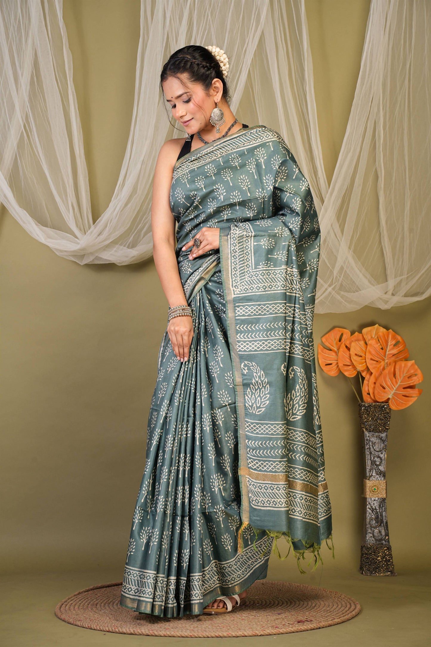 Anuttara Bhagalpuri Teal Green Cotton Silk Floral, Paisley Saree with Unstitched Blouse_AFS1391-FS