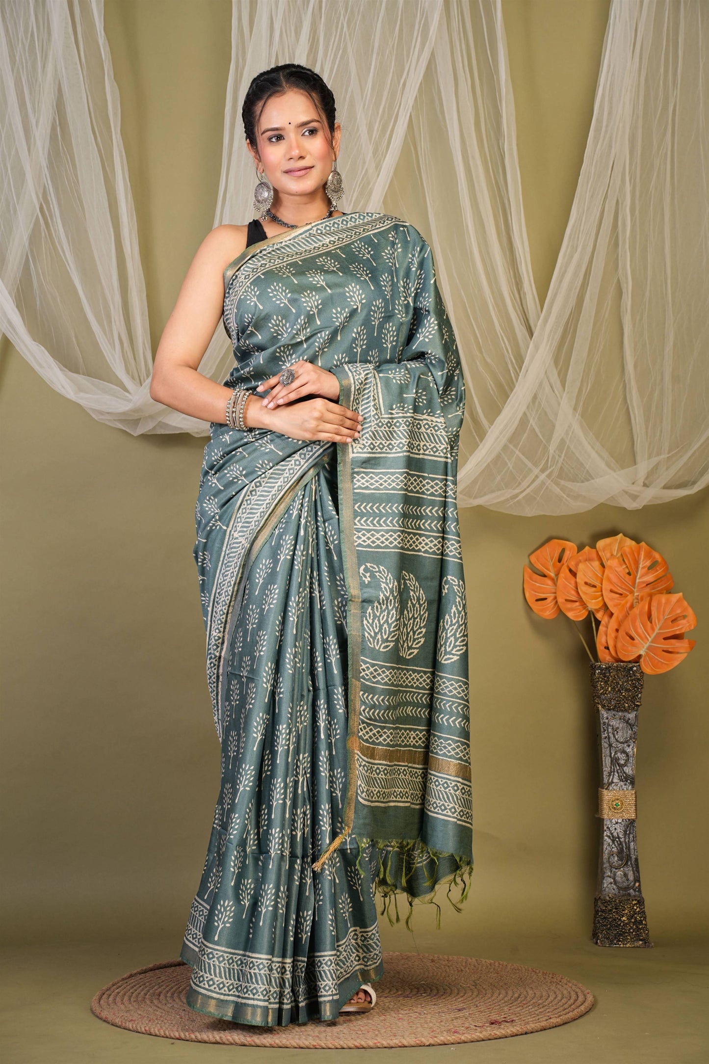 Anuttara Bhagalpuri Teal Green Cotton Silk Floral, Paisley Saree with Unstitched Blouse_AFS1391-FS